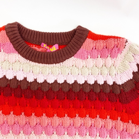 THML Textured Chunky Knit Striped Puffy Crewneck Sweater Red Pink - Picture 8 of 14